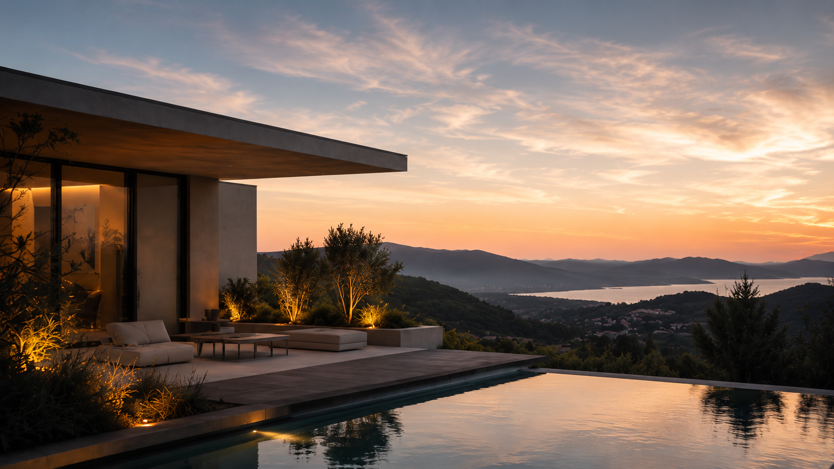 Villa d'exception au crépuscule, piscine à débordement face aux montagnes
